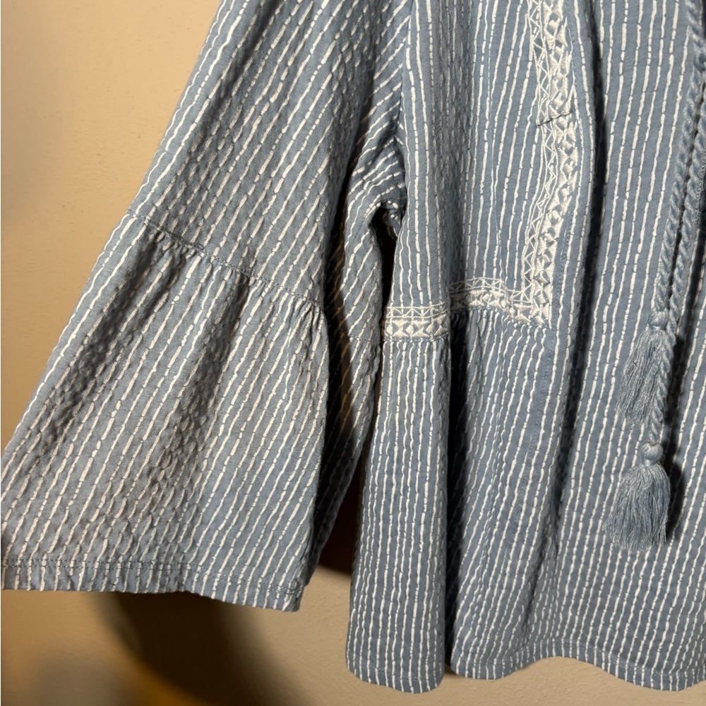 Wonderly Blue and White Swing Top with Bell Sleeves Split Neck and Tassel Ties - Picture 3 of 6